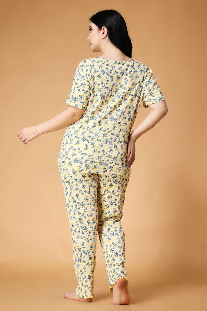 Model wearing Cotton Blended Night Suit Set with Pattern type: Floral-3