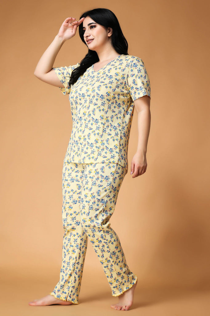 Model wearing Cotton Blended Night Suit Set with Pattern type: Floral-4