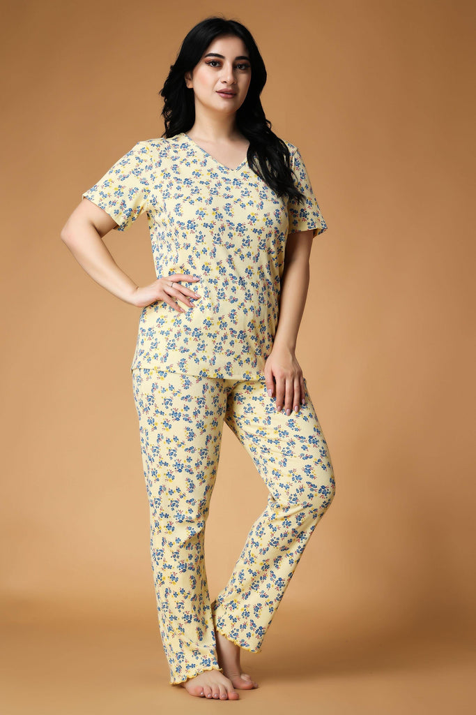 Model wearing Cotton Blended Night Suit Set with Pattern type: Floral-5