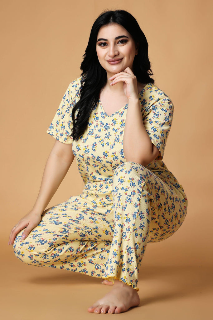 Model wearing Cotton Blended Night Suit Set with Pattern type: Floral-7