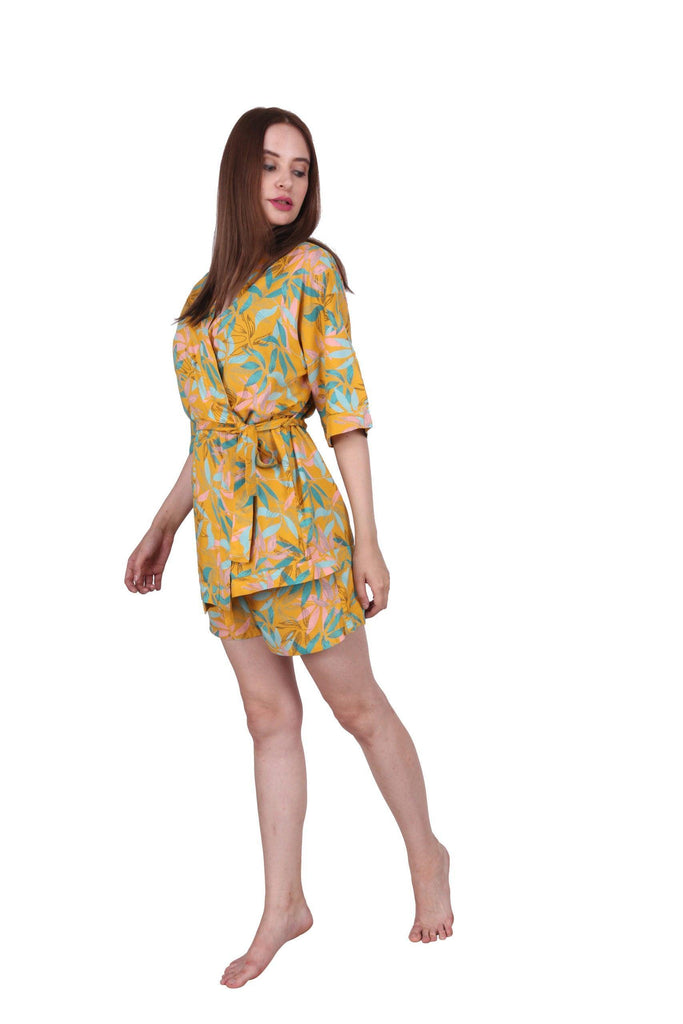 Model wearing Rayon Robe with Pattern type: Floral-1