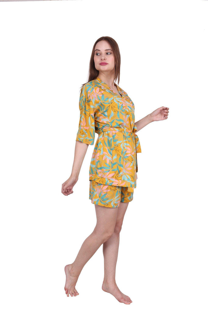 Model wearing Rayon Robe with Pattern type: Floral-2