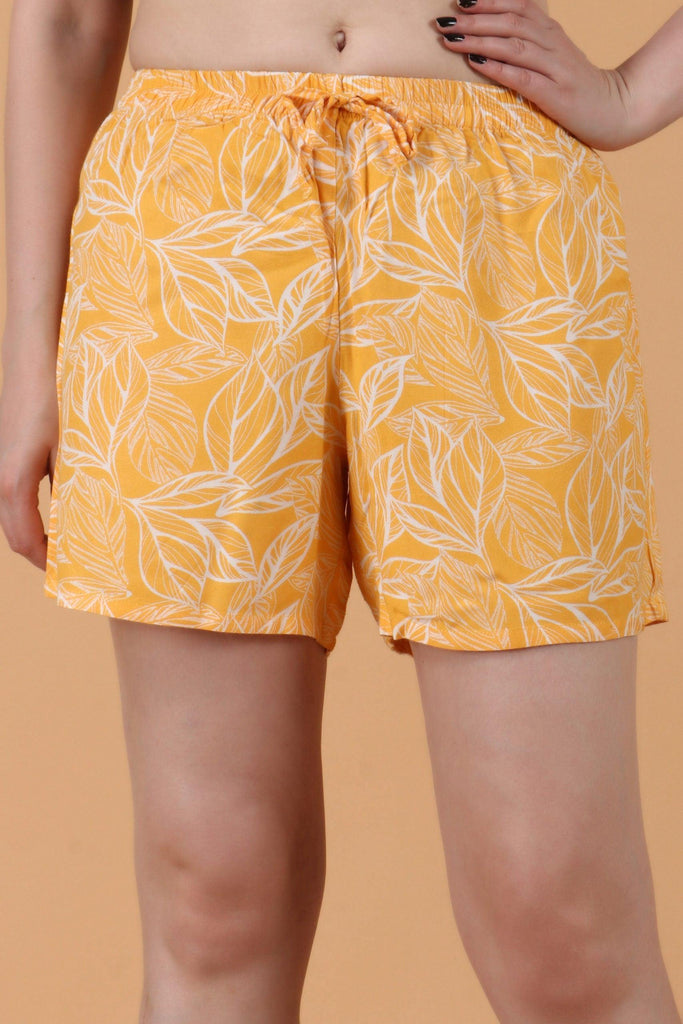 Model wearing Rayon Shorts with Pattern type: Leaf-2