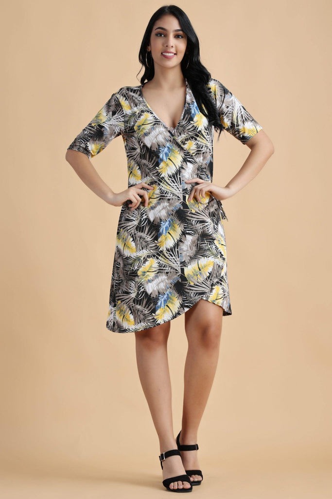 Model wearing Hosiery Mini Dress with Pattern type: Leaf-3