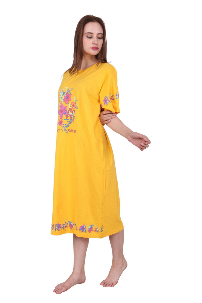 Model wearing Cotton Midi Night Dress with Pattern type: Solid-1