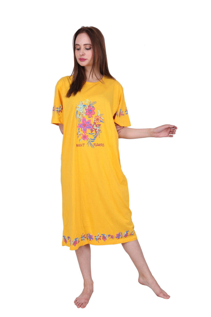 Model wearing Cotton Midi Night Dress with Pattern type: Solid-3