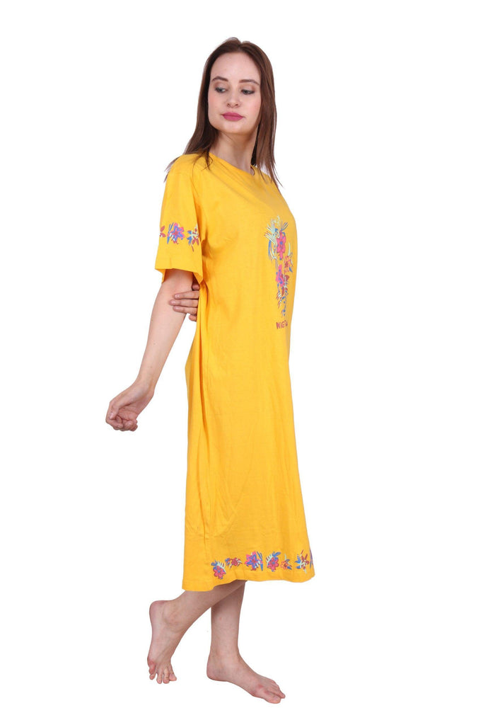 Model wearing Cotton Midi Night Dress with Pattern type: Solid-4