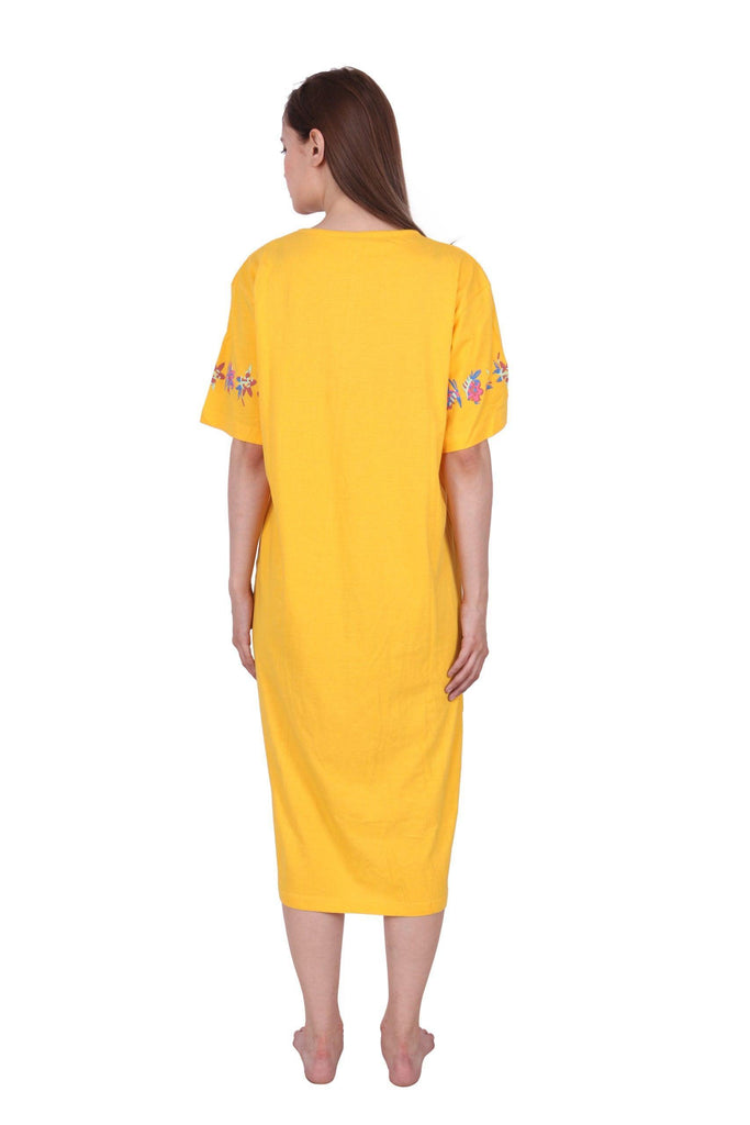 Model wearing Cotton Midi Night Dress with Pattern type: Solid-5