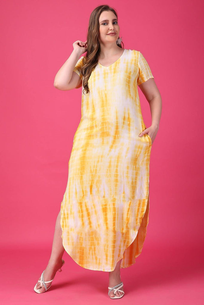 Model wearing Rayon Maxi Dress with Pattern type: Tie-dye-3