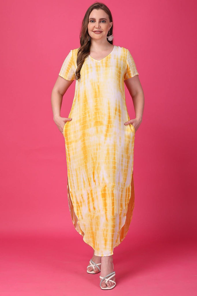 Model wearing Rayon Maxi Dress with Pattern type: Tie-dye-2