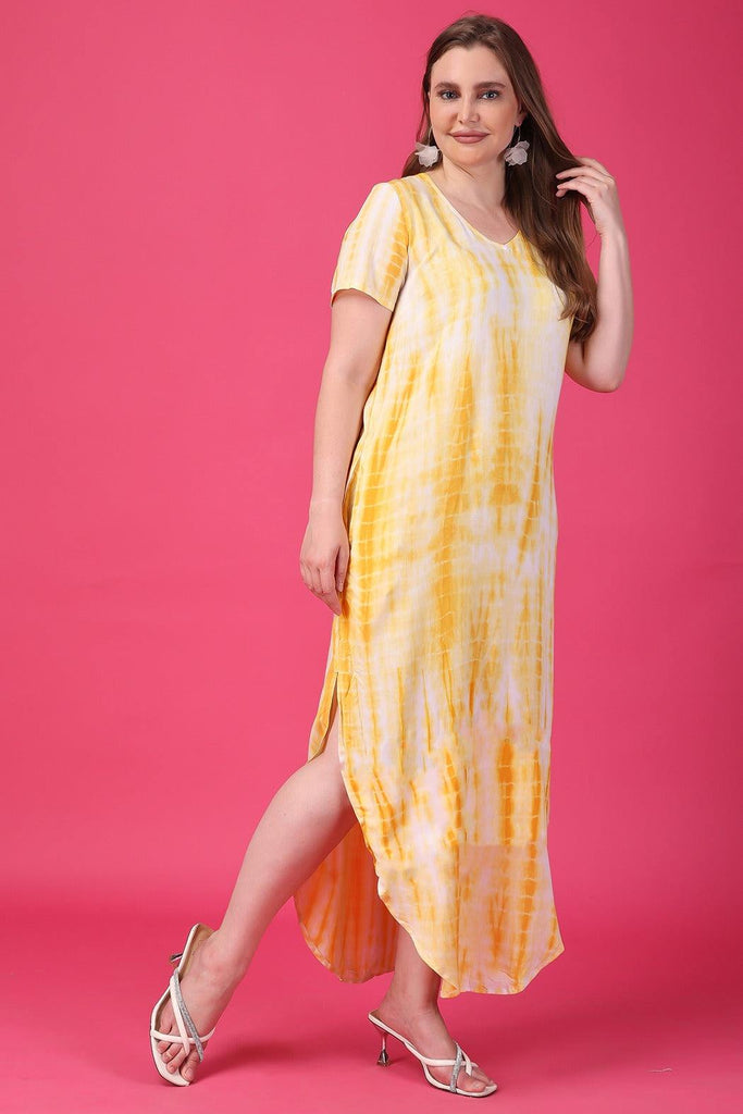 Model wearing Rayon Maxi Dress with Pattern type: Tie-dye-5