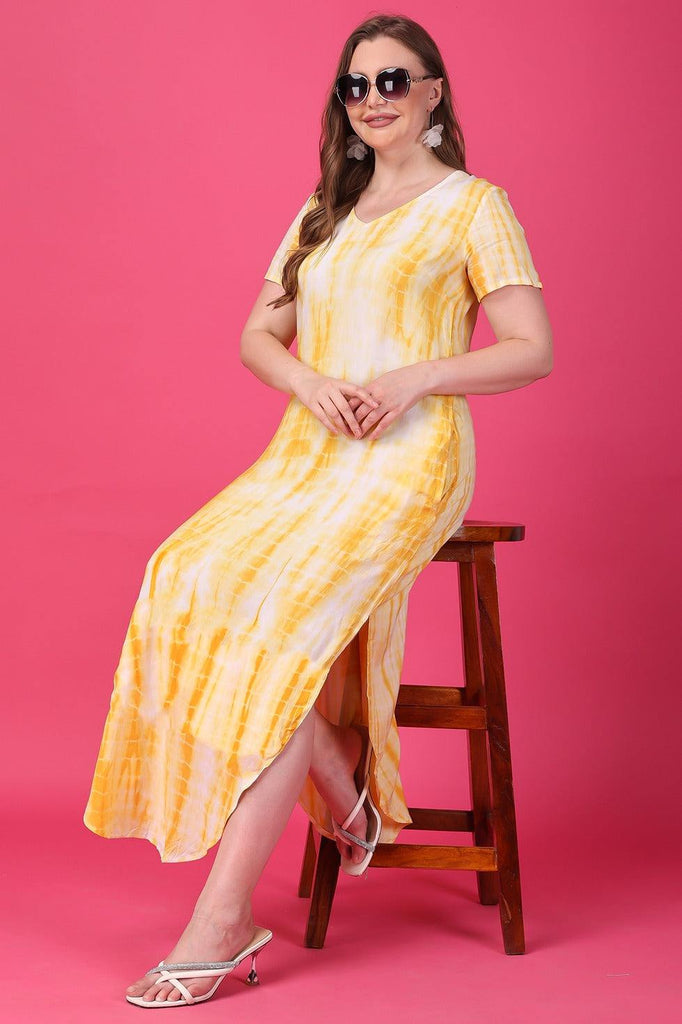 Model wearing Rayon Maxi Dress with Pattern type: Tie-dye-7