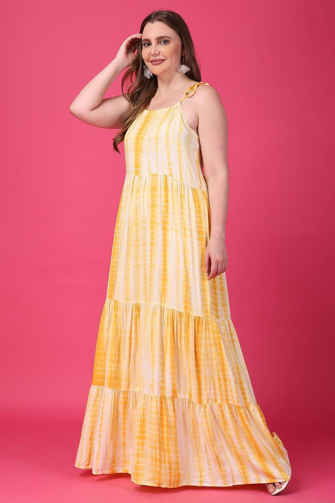 Model wearing Rayon Maxi Dress with Pattern type: Tie-Dye-3