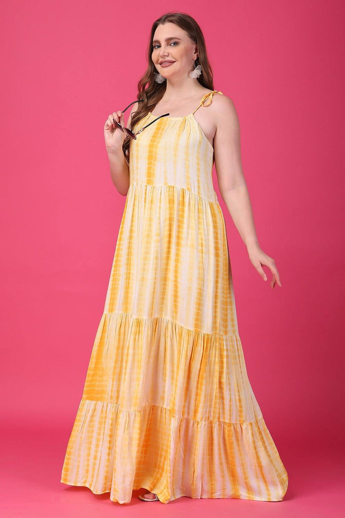 Model wearing Rayon Maxi Dress with Pattern type: Tie-Dye-7